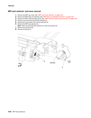 Page 4404-62MFP Service Manual 7500-XXX
MPF pick solenoid / pick lever removal
1.Remove the MPF rear cover. See “MPF rear cover removal” on page 4-58.
2.Remove the MPF feed unit assembly. See “MPF feed unit assembly removal” on page 4-54.
3.Remove the MPF feed drive gear group. See “MPF feed drive gear group removal” on page 4-59.
4.Remove one screw securing the pick solenoid (A). 
5.Disconnect the connector from the pick solenoid (A). 
6.Remove the MPF pick solenoid (A). 
Note:  When removing the pick solenoid...