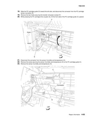 Page 471Repair information4-93
7500-XXX
18.Slide the PC cartridge guide (D) toward the left side, and disconnect the connector from the PC cartridge 
sensor connector (E). 
19.Remove the two hooks securing the transfer roll power contact (F). 
20.While pressing the PC cartridge drive coupler (G), lift the front side of the PC cartridge guide (C) upward.
21.Disconnect the connector from the sensor (humidity and temperature) (H). 
22.Remove the screw securing the sensor (humidity and temperature) (H) to the PC...