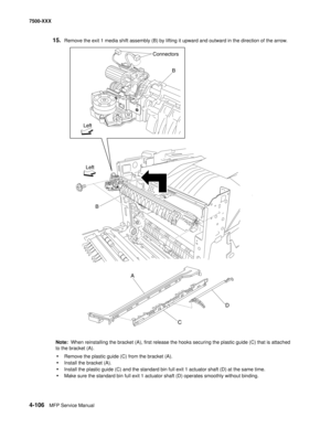 Page 4844-106MFP Service Manual 7500-XXX
15.Remove the exit 1 media shift assembly (B) by lifting it upward and outward in the direction of the arrow. 
Note:  When reinstalling the bracket (A), first release the hooks securing the plastic guide (C) that is attached 
to the bracket (A).
•Remove the plastic guide (C) from the bracket (A).
•Install the bracket (A).
•Install the plastic guide (C) and the standard bin full exit 1 actuator shaft (D) at the same time.
•Make sure the standard bin full exit 1 actuator...