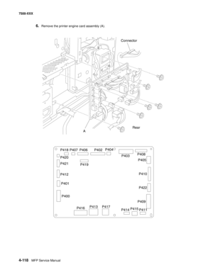 Page 4964-118MFP Service Manual 7500-XXX
6.Remove the printer engine card assembly (A).
Connector
ARear
P418 P407 P406P404
P403P408
P405
P410
P422
P409 P419 P420
P421
P412
P401
P400
P416P413 P417
P414P415
P411 P402 