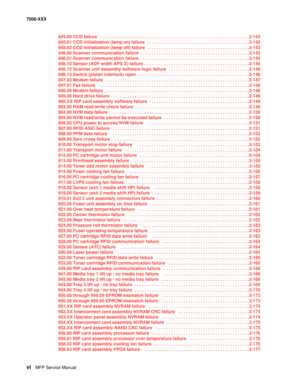 Page 6viMFP Service Manual 7500-XXX
845.00 CCD failure   . . . . . . . . . . . . . . . . . . . . . . . . . . . . . . . . . . . . . . . . . . . . . . . . . . . . . . . . . . . . . 2-142
845.01 CCD initialization (lamp on) failure  . . . . . . . . . . . . . . . . . . . . . . . . . . . . . . . . . . . . . . . . . .2-142
845.02 CCD initialization (lamp off) failure  . . . . . . . . . . . . . . . . . . . . . . . . . . . . . . . . . . . . . . . . . .2-143
846.00 Scanner communication failure   . . . . . . . . . . ....