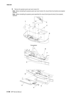 Page 5164-138MFP Service Manual 7500-XXX
9.Remove the operator panel user touch screen (D).
Note:  Before reinstalling the operator panel user touch screen (D), ensure that all connections are properly 
replaced. 
Note:  Before reinstalling the operator panel assembly (B), ensure that all ground wires (A) are properly 
replaced.
Connectors
E
D
D
B
E
C
A
B
A 