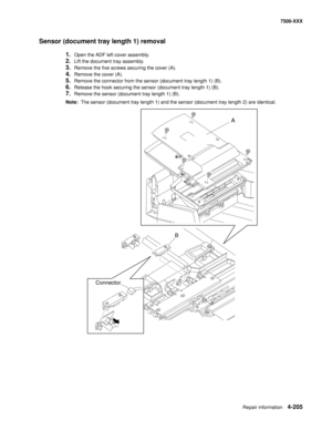 Page 583Repair information4-205
7500-XXX
Sensor (document tray length 1) removal
1.Open the ADF left cover assembly.
2.Lift the document tray assembly.
3.Remove the five screws securing the cover (A). 
4.Remove the cover (A).
5.Remove the connector from the sensor (document tray length 1) (B).
6.Release the hook securing the sensor (document tray length 1) (B).
7.Remove the sensor (document tray length 1) (B).
Note:  The sensor (document tray length 1) and the sensor (document tray length 2) are identical.
A
B...