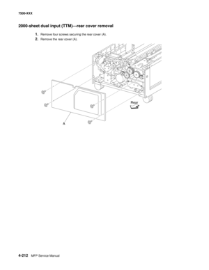 Page 5904-212MFP Service Manual 7500-XXX
2000-sheet dual input (TTM)–rear cover removal 
1.Remove four screws securing the rear cover (A). 
2.Remove the rear cover (A). 
ARear 