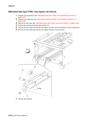 Page 5924-214MFP Service Manual 7500-XXX
2000-sheet dual input (TTM)–tray support roll removal 
1.Remove tray 3 assembly. See “2000-sheet dual input (TTM)–tray 3 assembly removal” on 
page 4-217.
2.Remove tray 4 assembly. See “2000-sheet dual input (TTM)–tray 4 assembly removal” on 
page 4-216.
3.Remove the foot cover. See “2000-sheet dual input (TTM)–foot cover removal” on page 4-209.
4.Remove two screws securing the two brackets (A). 
5.Remove the two e-clips securing the tray support rolls (B) to the two...