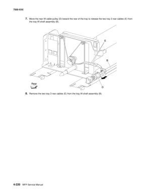 Page 5984-220MFP Service Manual 7500-XXX
7.Move the rear lift cable pulley (D) toward the rear of the tray to release the two tray 3 rear cables (E) from 
the tray lift shaft assembly (B).
8.Remove the two tray 3 rear cables (E) from the tray lift shaft assembly (B).  