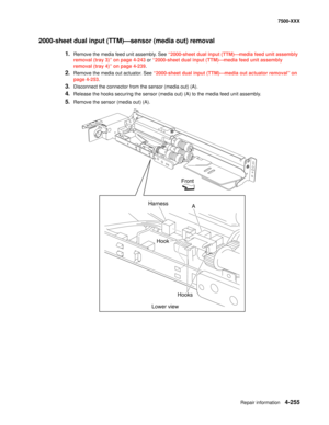 Page 633Repair information4-255
7500-XXX
2000-sheet dual input (TTM)–sensor (media out) removal 
1.Remove the media feed unit assembly. See “2000-sheet dual input (TTM)–media feed unit assembly 
removal (tray 3)” on page 4-243 or “2000-sheet dual input (TTM)–media feed unit assembly 
removal (tray 4)” on page 4-239. 
2.Remove the media out actuator. See “2000-sheet dual input (TTM)–media out actuator removal” on 
page 4-253.
3.Disconnect the connector from the sensor (media out) (A). 
4.Release the hooks...