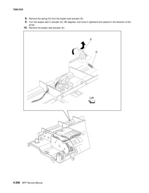 Page 6784-300MFP Service Manual 7500-XXX
8.Remove the spring (D) from the duplex wait actuator (E).
9.Turn the duplex wait in actuator (E) 180 degrees, and move it rightward and upward in the direction of the 
arrow.
10.Remove the duplex wait actuator (E). 
E
D
Left 