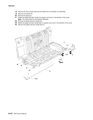 Page 6904-312MFP Service Manual 7500-XXX
8.Remove the three screws securing the bracket (E) to the duplex unit assembly.
9.Remove the bracket (E).
10.Remove the spring (F).
11.Rotate the duplex left door handle (G) upward, and move in the direction of the arrow.
Note:  The metal shaft (H) may become detached.
12.Remove the duplex left door handle (G).
13.Rotate the duplex left door handle latch (I) upward, and move in the direction of the arrow.
14.Remove the duplex left door handle latch (I).
Left
H
E
F
G
1
2...