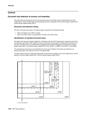 Page 721-50MFP Service Manual 7500-XXX
Control
Document size detection at scanner unit assembly
The width (fast-scan-directional size) of the document sheet on the Platen Grass is detected with the CCD 
image sensor, and the length (slow-scanning-directional size) is detected with the sensor (platen length APS 1) 
and the sensor (platen length APS 2).
Document size detection timing
The size of the document sheet on the platen glass is detected at the following timings:
•When the Platen Cover (ADF) is closed...