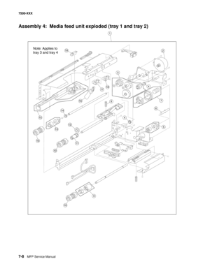 Page 7387-8MFP Service Manual 7500-XXX
Assembly 4:  Media feed unit exploded (tray 1 and tray 2) 
3
11
7
13
19
9
15
2
12
14
5
10
8
10
10
16
17184
4
6
1
Note: Applies to
tray 3 and tray 4 