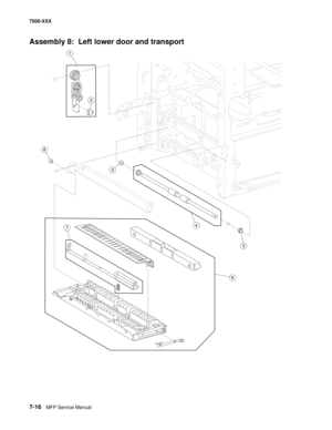 Page 7467-16MFP Service Manual 7500-XXX
Assembly 8:  Left lower door and transport 
3
7
5
2
8
4
1
6 