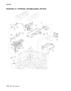 Page 7547-24MFP Service Manual 7500-XXX
Assembly 12:  Printhead, cartridge guides, and fans
3
11
7
14
5
9
2
4
12
8
1
13
15
10
6 