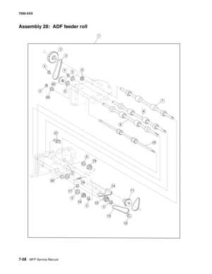 Page 7887-58MFP Service Manual 7500-XXX
Assembly 28:  ADF feeder roll
7
5
9
2
10
64
8
22
3
20
1
4
5
11
13
18
16
17
12
14
19
20
15
21
6
5
44
5
4 