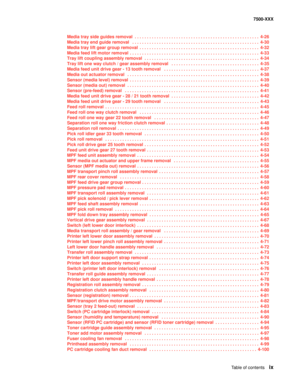 Page 9Table of contentsix
7500-XXX
Media tray side guides removal  . . . . . . . . . . . . . . . . . . . . . . . . . . . . . . . . . . . . . . . . . . . . . . . . . . .  4-26
Media tray end guide removal   . . . . . . . . . . . . . . . . . . . . . . . . . . . . . . . . . . . . . . . . . . . . . . . . . . . .  4-30
Media tray lift gear group removal  . . . . . . . . . . . . . . . . . . . . . . . . . . . . . . . . . . . . . . . . . . . . . . . . .  4-32
Media feed lift motor removal  . . . . . . . . . . . . . ....