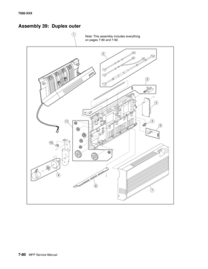 Page 8107-80MFP Service Manual 7500-XXX
Assembly 39:  Duplex outer 
3
11
7
5
9
10
6
4
8
2
1Note: This assembly includes everything
on pages 7-80 and 7-82. 