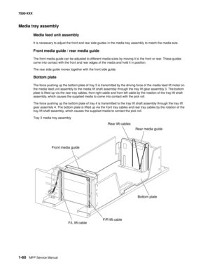 Page 821-60MFP Service Manual 7500-XXX
Media tray assembly
Media feed unit assembly
It is necessary to adjust the front and rear side guides in the media tray assembly to match the media size.
Front media guide / rear media guide
The front media guide can be adjusted to different media sizes by moving it to the front or rear. These guides 
come into contact with the front and rear edges of the media and hold it in position.
The rear side guide moves together with the front side guide.
Bottom plate
The force...