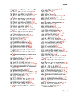 Page 827IndexI-3
7500-XXX
290.11 sensor (ADF registration) on jam ADF simplex 
side 
2-95
290.12 sensor (ADF registration) on jam side 2-97
290.13 sensor (ADF registration) off jam 2-99
290.14 sensor (ADF inverter) on jam (inverting) 2-100
290.15 sensor (ADF registration) off jam (inverting) 
2-103
290.21 sensor (ADF width APS 1) static jam 2-106
290.22 sensor (ADF width APS 2) static jam 2-107
290.23 sensor (ADF width APS 3) static jam 2-107
291.00 sensor (ADF registration) static jam 2-108
291.01 sensor (ADF...