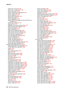 Page 830I-6MFP Service Manual 7500-XXX
sensor (exit 1 bin full) 
4-109
sensor (exit 1 media shift) 4-108
sensor (fuser exit) 4-103
sensor (humidity and temperature) 4-90
sensor (media level) 4-39
sensor (media out) 4-40
sensor (MPF media out) 4-56
sensor (pre-feed) 4-41
sensor (registration) 4-81
sensor (RFID PC cartridge) and sensor (RFID toner 
cartridge) 
4-94
sensor (tray 2 feed-out) 4-83
separation roll 4-49
separation roll one way friction clutch 4-48
switch (left lower door interlock) 4-68
switch (main...