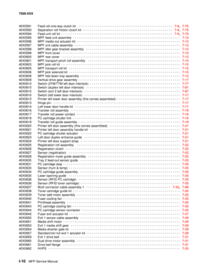 Page 834I-10MFP Service Manual 7500-XXX
40X0591 Feed roll one-way clutch kit
  - - - - - - - - - - - - - - - - - - - - - - - - - - - - - - - - - - - - - - - - - - - - - - - - -   7-9,  7-75
40X0593 Separation roll friction clutch kit
 - - - - - - - - - - - - - - - - - - - - - - - - - - - - - - - - - - - - - - - - - - - - - - -   7-9,  7-75
40X0594 Feed unit roll kit
 - - - - - - - - - - - - - - - - - - - - - - - - - - - - - - - - - - - - - - - - - - - - - - - - - - - - - - - - - -   7-9,  7-75
40X0595 MPF feed...