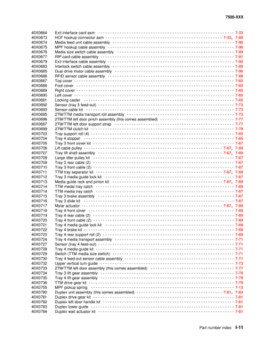 Page 835Part number indexI-11
7500-XXX
40X0664 Exit interface card asm
  - - - - - - - - - - - - - - - - - - - - - - - - - - - - - - - - - - - - - - - - - - - - - - - - - - - - - - - - -  7-33
40X0673 HCF hookup connector asm
 - - - - - - - - - - - - - - - - - - - - - - - - - - - - - - - - - - - - - - - - - - - - - - - - -  7-33,  7-89
40X0674 Media feed unit cable assembly
  - - - - - - - - - - - - - - - - - - - - - - - - - - - - - - - - - - - - - - - - - - - - - - - - - - -  7-90
40X0675 MPF hookup cable...