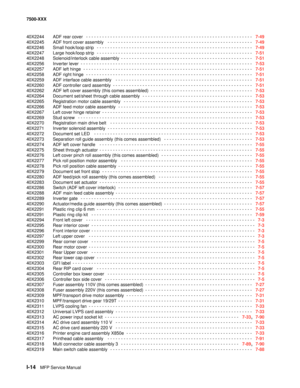 Page 838I-14MFP Service Manual 7500-XXX
40X2244 ADF rear cover
  - - - - - - - - - - - - - - - - - - - - - - - - - - - - - - - - - - - - - - - - - - - - - - - - - - - - - - - - - - - - - -   7-49
40X2245 ADF front cover assembly
  - - - - - - - - - - - - - - - - - - - - - - - - - - - - - - - - - - - - - - - - - - - - - - - - - - - - - -   7-49
40X2246 Small hook/loop strip
  - - - - - - - - - - - - - - - - - - - - - - - - - - - - - - - - - - - - - - - - - - - - - - - - - - - - - - - - - -   7-49
40X2247 Large...