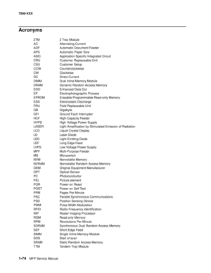 Page 961-74MFP Service Manual 7500-XXX
Acronyms
2TM 2 Tray Module
AC Alternating Current 
ADF Automatic Document Feeder
APS Automatic Paper Size
ASIC Application Specific Integrated Circuit
CRU Customer Replaceable Unit
CSU    Customer Setup
CCW Counterclockwise
CW Clockwise
DC Direct Current 
DIMM Dual Inline Memory Module
DRAM  Dynamic Random Access Memory
EDO Enhanced Data Out
EP     Electrophotographic Process
EPROM Erasable Programmable Read-only Memory
ESD    Electrostatic Discharge
FRU    Field...