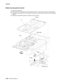 Page 4044-26MFP Service Manual 7500-XXX
Media tray side guides removal
1.Remove the media tray. 
2.Remove the two e-rings securing the metal bottom plate (A) to the media tray using a small prying tool. 
3.Push the front hinge point (B) in the direction of the arrow to release the front boss from the metal bottom 
plate (A). 
4.Remove the metal bottom plate (A) by sliding it off the rear boss. 
AE-ring
Tray
Front
B
Front
E-ring
A
Square hole
Rear boss
Boss 