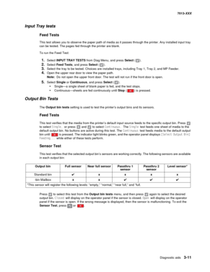 Page 103Diagnostic aids 3-11
7013-XXX
Input Tray tests
Feed Tests
This test allows you to observe the paper path of media as it passes through the printer. Any installed input tray 
can be tested. The pages fed through the printer are blank.
To run the Feed Test:
1.Select INPUT TRAY TESTS from Diag Menu, and press Select ().
2.Select Feed Tests, and press Select ().
3.Select the tray to be tested. Choices are installed trays, including Tray 1, Tray 2, and MP Feeder.
4.Open the upper rear door to view the paper...