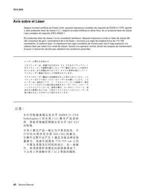 Page 12xii  Service Manual 7013-XXX
Avís sobre el Làser
Segons ha estat certificat als Estats Units, aquesta impressora compleix els requisits de DHHS 21 CFR, apartat 
J, pels productes làser de classe I (1), i segons ha estat certificat en altres llocs, és un producte làser de classe 
I que compleix els requisits d’IEC 60825-1.
Els productes làser de classe I no es consideren perillosos. Aquesta impressora conté un làser de classe IIIb 
(3b) d’arseniür de gal.li, nominalment de 5 mil.liwats, i funciona a la...