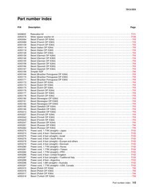 Page 247   Part number index   I-5
7013-XXX
Part number index
P/N DescriptionPage
3049622  Relocation kit
  - - - - - - - - - - - - - - - - - - - - - - - - - - - - - - - - - - - - - - - - - - - - - - - - - - - - - - - - - - - - - - - - 7-11
40X0016    Motor spacer washer kit
 - - - - - - - - - - - - - - - - - - - - - - - - - - - - - - - - - - - - - - - - - - - - - - - - - - - - - - - - -  7-10
40X0064    Bezel (French OP X264)
  - - - - - - - - - - - - - - - - - - - - - - - - - - - - - - - - - - - - - - - - - -...