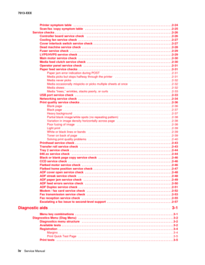 Page 4iv  Service Manual  7013-XXX
Printer symptom table  . . . . . . . . . . . . . . . . . . . . . . . . . . . . . . . . . . . . . . . . . . . . . . . . . . . . . . . . . . .2-24
Scan/fax /copy symptom table  . . . . . . . . . . . . . . . . . . . . . . . . . . . . . . . . . . . . . . . . . . . . . . . . . . . .2-25
Service checks . . . . . . . . . . . . . . . . . . . . . . . . . . . . . . . . . . . . . . . . . . . . . . . . . . . . . . . . . . . . . . . . . . . . . . 2-26
Controller board service check   . ....