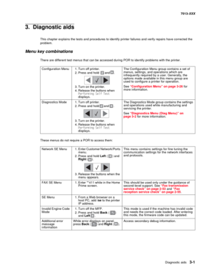 Page 93Diagnostic aids 3-1
7013-XXX
3.  Diagnostic aids
This chapter explains the tests and procedures to identify printer failures and verify repairs have corrected the 
problem.
Menu key combinations
There are different test menus that can be accessed during POR to identify problems with the printer.
These menus do not require a POR to access them:
Configuration Menu 1. Turn off printer.
2. Press and hold  and .
3. Turn on the printer.
4. Release the buttons when 
Performing Self Test 
displays.The...