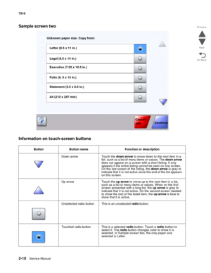 Page 1262-10Service Manual 7510
Go Back Previous
Next
Sample screen two
Information on touch-screen buttons
Button Button name Function or description
Down arrow  Touch the down arrow to move down to the next item in a 
list, such as a list of menu items or values. The down arrow 
does not appear on a screen with a short listing. It only 
appears if the entire listing cannot be seen on one screen. 
On the last screen of the listing, the down arrow is gray to 
indicate that it is not active since the end of the...