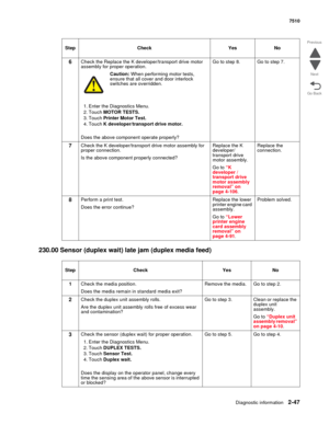 Page 163Diagnostic information2-47
7510
Go Back Previous
Next
230.00 Sensor (duplex wait) late jam (duplex media feed)
6Check the Replace the K developer/transport drive motor 
assembly for proper operation.
Caution: When performing motor tests, 
ensure that all cover and door interlock 
switches are overridden.
1. Enter the Diagnostics Menu.
2. Touch MOTOR TESTS.
3. Touch Printer Motor Test.
4. Touch K developer/transport drive motor.
Does the above component operate properly?Go to step 8. Go to step 7.
7Check...