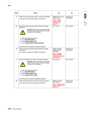 Page 1642-48Service Manual 7510
Go Back Previous
Next
4Check the sensor (duplex wait) for proper connection. 
Is the above component properly connected?Replace the sensor 
(duplex wait).
Go to “Sensor 
(duplex wait) 
removal” on 
page 4-11.Replace the 
connection.
5Check the duplex diverter gate solenoid for proper 
operation.
Caution: When performing motor tests, 
ensure that all cover and door interlock 
switches are overridden.
1. Enter the Diagnostics Menu.
2. Touch MOTOR TESTS.
3. Touch Printer Motor Test....