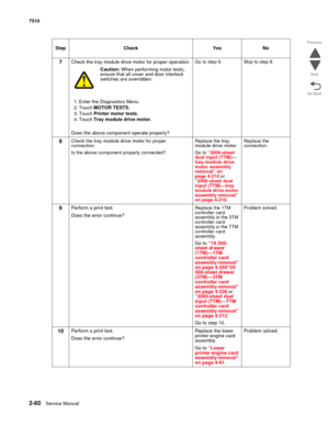 Page 1762-60Service Manual 7510
Go Back Previous
Next
7Check the tray module drive motor for proper operation.
Caution: When performing motor tests, 
ensure that all cover and door interlock 
switches are overridden.
1. Enter the Diagnostics Menu.
2. Touch MOTOR TESTS.
3. Touch Printer motor tests.
4. Touch Tray module drive motor.
Does the above component operate properly?Go to step 9. Skip to step 8. 
8Check the tray module drive motor for proper 
connection.
Is the above component properly connected? Replace...