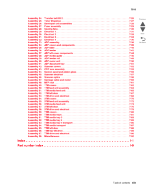 Page 19Table of contentsxix
7510
Go Back Previous
Next
Assembly 24: Transfer belt lift 2. . . . . . . . . . . . . . . . . . . . . . . . . . . . . . . . . . . . . . . . . . . . . . . . . . . . . .  7-26
Assembly 25: Toner Dispense. . . . . . . . . . . . . . . . . . . . . . . . . . . . . . . . . . . . . . . . . . . . . . . . . . . . . . . .  7-27
Assembly 26: Developer unit assemblies . . . . . . . . . . . . . . . . . . . . . . . . . . . . . . . . . . . . . . . . . . . . . .  7-28
Assembly 27: Fuser assembly . ....