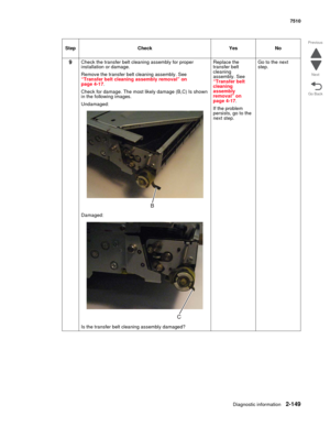 Page 265Diagnostic information2-149
7510
Go Back Previous
Next
9Check the transfer belt cleaning assembly for proper 
installation or damage. 
Remove the transfer belt cleaning assembly. See 
“Transfer belt cleaning assembly removal” on 
page 4-17.
Check for damage. The most likely damage (B,C) Is shown 
in the following images. 
Undamaged: 
Damaged:
Is the transfer belt cleaning assembly damaged?Replace the 
transfer belt 
cleaning 
assembly. See 
“Transfer belt 
cleaning 
assembly 
removal” on 
page 4-17.
If...