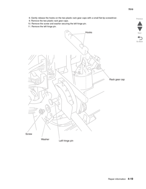 Page 451Repair information4-19
 7510
Go Back Previous
Next
8. Gently release the hooks on the two plastic rack gear caps with a small flat-tip screwdriver.
9. Remove the two plastic rack gear caps.
10. Remove the screw and washer securing the left hinge pin.
11. Remove the left hinge pin.  