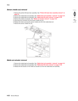 Page 4644-32Service Manual 7510 
Go Back Previous
Next
Sensor (media out) removal
1. Remove the printer left lower door assembly. See “Printer left lower door assembly removal” on 
page 4-8.
2. Remove the media feed unit assembly. See “Media feed unit assembly 1 removal” on page 4-31. 
3. Remove the media feed unit assembly. See “Media feed lift motor removal” on page 4-120.
4. Remove the media out actuator. See “Media out actuator removal” on page 4-32. 
5. Disconnect the connector from the sensor (media out)...