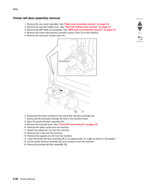 Page 4684-36Service Manual 7510 
Go Back Previous
Next
Printer left door assembly removal 
1. Remove the rear cover assembly. See “Rear cover assembly removal” on page 4-5.
2. Remove the rear left middle cover. See “Rear left middle cover removal” on page 4-6.
3. Remove the MPF feed unit assembly. See “MPF feed unit assembly removal” on page 4-8.
4. Remove the screw securing the connector access cover (A) to the machine.
5. Remove the connector access cover (A).
6. Disconnect the three connectors from the...