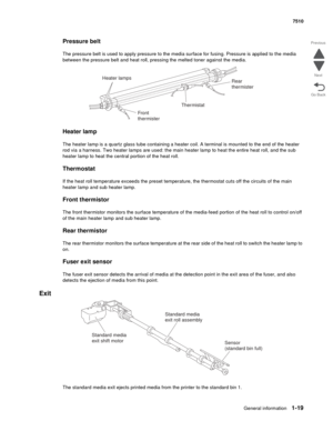 Page 51General information1-19
7510
Go Back Previous
Next
Pressure belt 
The pressure belt is used to apply pressure to the media surface for fusing. Pressure is applied to the media 
between the pressure belt and heat roll, pressing the melted toner against the media.
Heater lamp 
The heater lamp is a quartz glass tube containing a heater coil. A terminal is mounted to the end of the heater 
rod via a harness. Two heater lamps are used: the main heater lamp to heat the entire heat roll, and the sub 
heater...