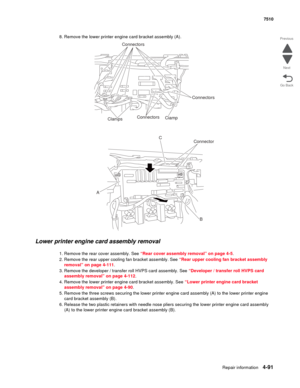 Page 523Repair information4-91
 7510
Go Back Previous
Next
8. Remove the lower printer engine card bracket assembly (A).
 
Lower printer engine card assembly removal 
1. Remove the rear cover assembly. See “Rear cover assembly removal” on page 4-5.
2. Remove the rear upper cooling fan bracket assembly. See “Rear upper cooling fan bracket assembly 
removal” on page 4-111.
3. Remove the developer / transfer roll HVPS card assembly. See “Developer / transfer roll HVPS card 
assembly removal” on page 4-112.
4....