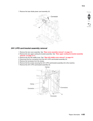 Page 527Repair information4-95
 7510
Go Back Previous
Next
7. Remove the laser diode power card assembly (A). 
24V LVPS card bracket assembly removal 
1. Remove the rear cover assembly. See “Rear cover assembly removal” on page 4-5.
2. Remove the rear upper cooling fan bracket assembly. See “Rear upper cooling fan bracket assembly 
removal” on page 4-111.
3. Remove the rear left middle cover. See “Rear left middle cover removal” on page 4-6.
4. Disconnect the four connectors from the 24V LVPS card bracket...