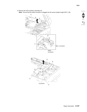 Page 559Repair information4-127
 7510
Go Back Previous
Next
8. Remove the CCD card/lens assembly (E).
Note:  Ensure that the white connector is plugged into the sensor (platen length APS 1) (B).
Blue  connector
B
A
C
White
connector
E
D Connector 