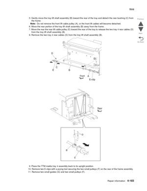 Page 615Repair information4-183
 7510
Go Back Previous
Next
5. Gently move the tray lift shaft assembly (B) toward the rear of the tray and detach the rear bushing (C) from 
the frame. 
Note:  Do not remove the front lift cable pulley (A), or the front lift cables will become detached.
6. Move the rear portion of the tray lift shaft assembly (B) away from the frame.
7. Move the rear the rear lift cable pulley (E) toward the rear of the tray to release the two tray 4 rear cables (D) 
from the tray lift shaft...