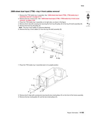 Page 617Repair information4-185
 7510
Go Back Previous
Next
2000-sheet dual input (TTM)—tray 4 front cables removal 
1. Remove the TTM media tray 4 assembly. See “2000-sheet dual input (TTM)—TTM media tray 4 
assembly removal” on page 4-177.
2. Remove the tray 4 front cover. See “2000-sheet dual input (TTM)—TTM media tray 4 front cover 
removal” on page 4-182.
3. Place the TTM media tray 4 assembly on its right side, as shown in the figure. 
4. Remove the E-clip with a prying tool securing the front tray lift...