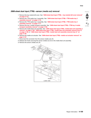 Page 631Repair information4-199
 7510
Go Back Previous
Next
2000-sheet dual input (TTM)—sensor (media out) removal 
1. Remove the tray module left cover. See “2000-sheet dual input (TTM)— tray module left cover removal” 
on page 4-174. 
2. Remove the TTM media tray 3 assembly. See “2000-sheet dual input (TTM)—TTM media tray 3 
assembly removal” on page 4-178.
3. Remove the TTM media tray 4 assembly. See “2000-sheet dual input (TTM)—TTM media tray 4 
assembly removal” on page 4-177.
4. Remove the tray 4 media...