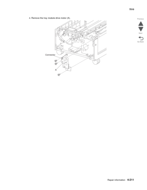 Page 643Repair information4-211
 7510
Go Back Previous
Next
4. Remove the tray module drive motor (A). 
A
Connector 